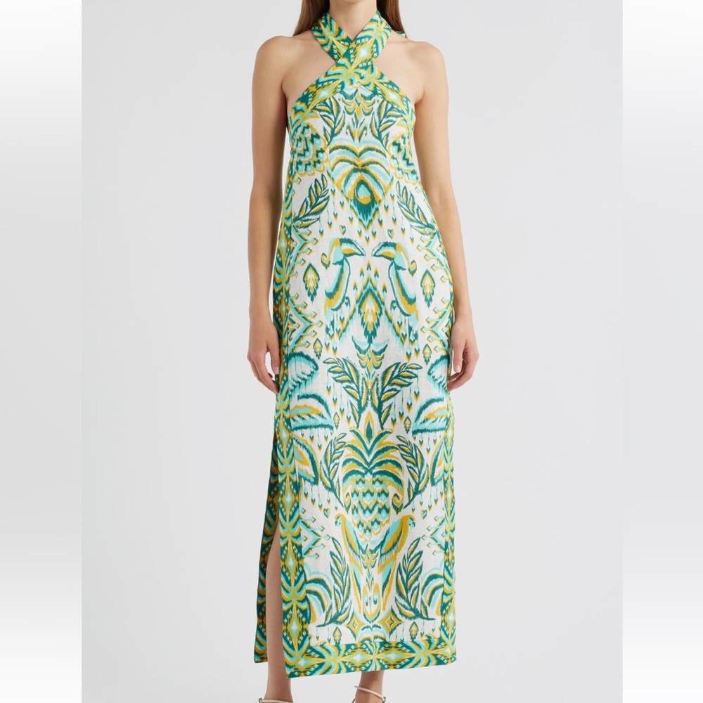 FARM Rio Tropical Tapestry Linen Halter Maxi Dress in Off White